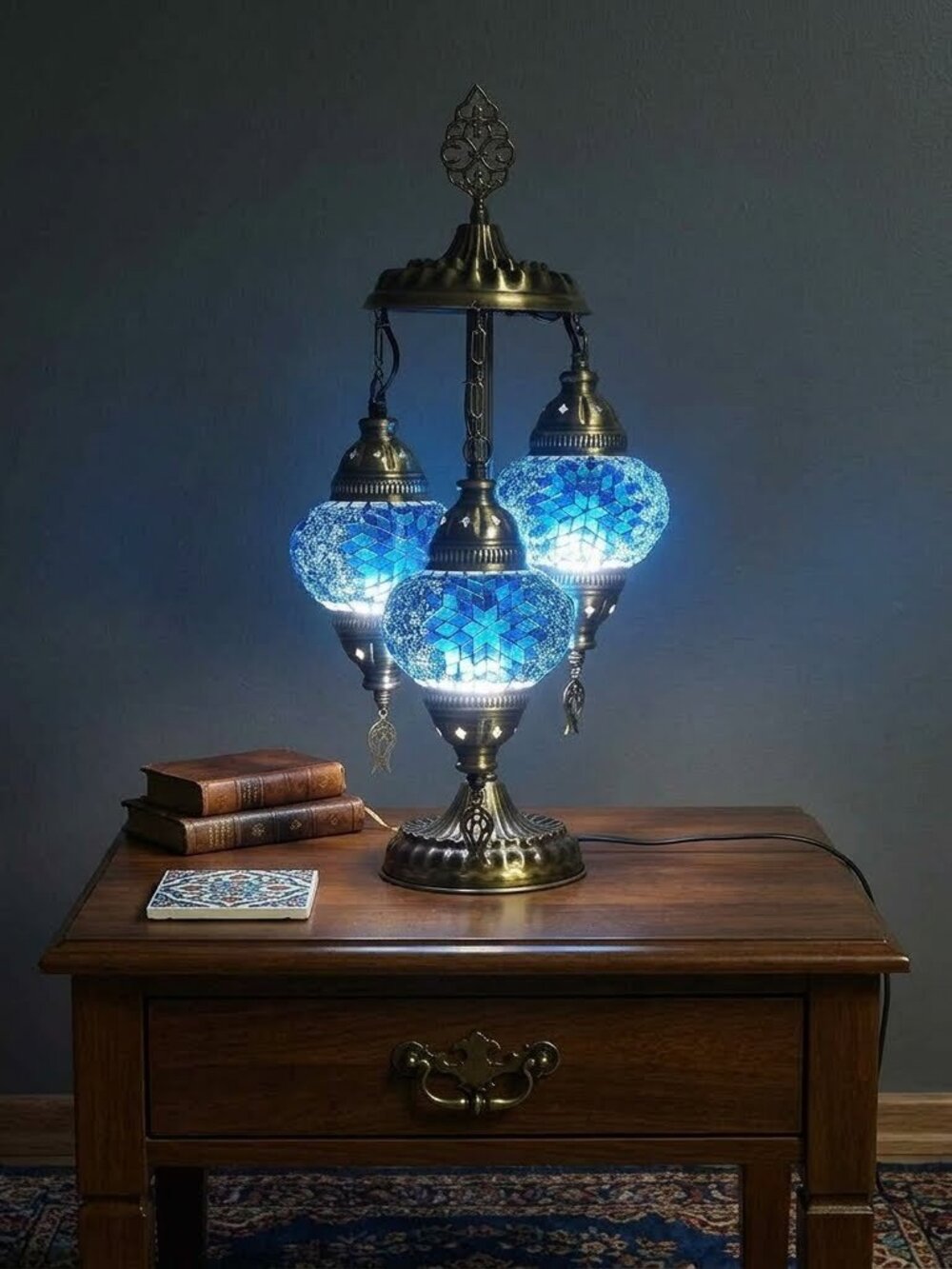 3 Globe Turkish Mosaic Lamp Daisy Blue